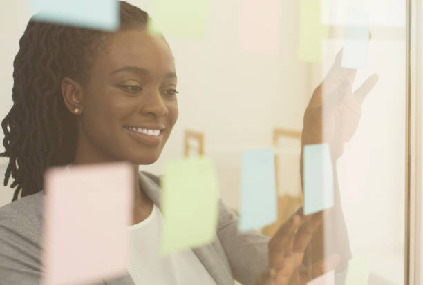 istock Happy Businesswoman Reading Notes On Visualization Board Standing In Office 1182647469