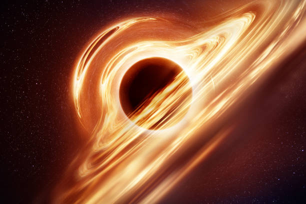 Super Massive Black Hole and Accretion Disk An illustration of what a black hole with an accretion disk may look like based on modern understanding. The extreme gravitational fields create huge distortions in the hot matter and gas rotating forwards the black hole. black hole space stock pictures, royalty-free photos & images