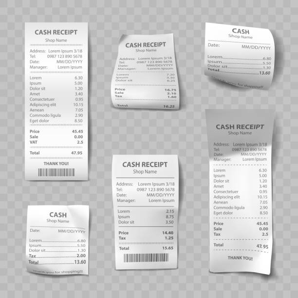Realistic shop receipt, paper payment bills Shop receipt set of realistic isolated vector illustrations. Direct and curled paper payment bills with barcode, goods and their price, tax, Vat and total amount 3d barcode stock illustrations