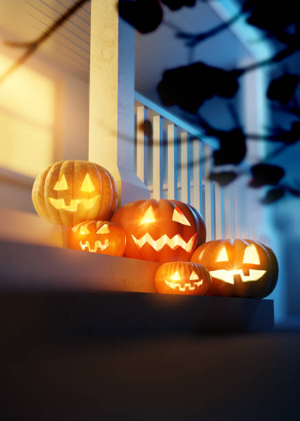 Halloween Front Porch Decorated with Pumpkin Lanterns Halloween Pumpkin Jack O' Lanterns lighting up a decorated front porch. 3d Illustration. front porch stock pictures, royalty-free photos & images