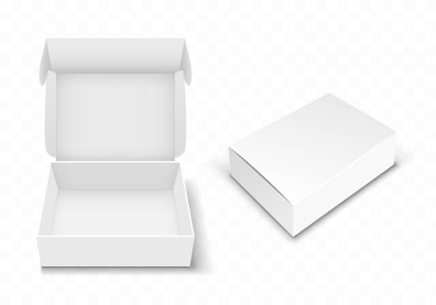 weißer leerer karton mit flip-top, realistisch - schachtel stock-grafiken, -clipart, -cartoons und -symbole