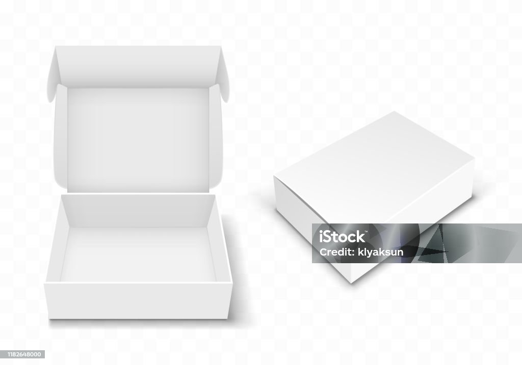 Boîte blanche en carton blanc avec le dessus de retournement, réaliste - clipart vectoriel de Boîte libre de droits
