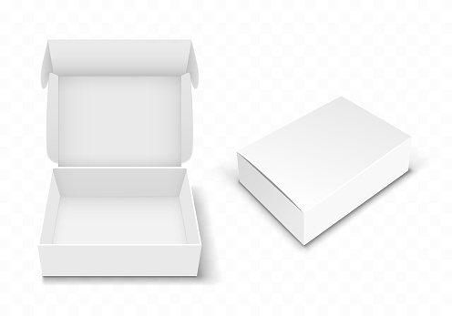 White blank cardboard box with flip top, realistic vector illustration. Rectangular caton pack with open and closed hinged lid, isolated on transparent background. Empty gift package