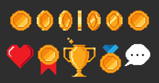 Set of pixel 8-bit video game objects isolated on black background. Set of pixel video game objects. Coin animation for 16-bit retro game. Pixel goblet, heart, reward, prize, medal, bubble speech. Vector illustration in retro game style isolated on black background. leisure games illustrations stock illustrations