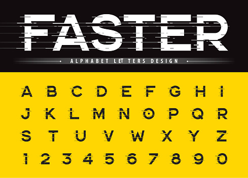 Vector of Glitch Modern Alphabet Letters and numbers, Grunge linear stylized rounded fonts, Speed effect faster motion Alphabet Font Minimal Letters set for Futuristic, universal, Branding & Identity