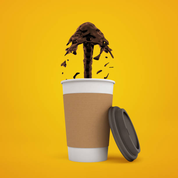 istock 3d rendering of paper coffee cup with coffee gushing out on yellow background 1182648340