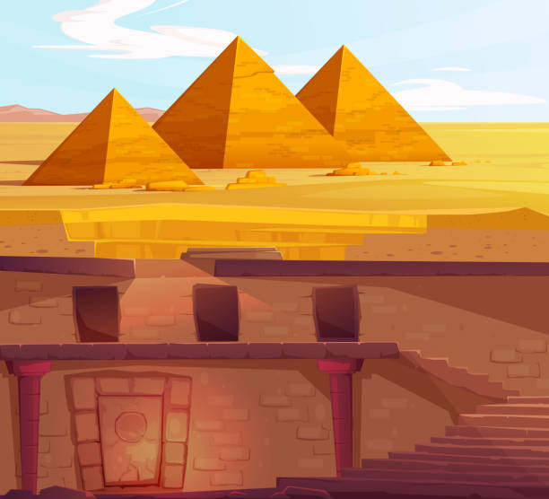 Ancient Egypt pharaoh underground lost tomb Ancient Egypth, lost looted tomb of pharaoh or abandoned temple interior, underground cartoon vector. Archeological excavations, treasures hunting concept. Desert, dug sand and sunbeam in empty crypt egyptian palace stock illustrations