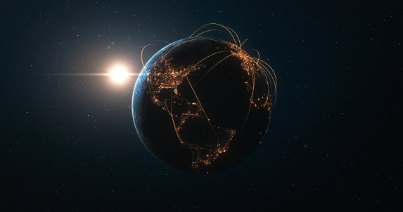 Beautiful shot of glowing connections spreading over the continents of planet earth. Digitally generated image, perfectly usable for a wide range of topics related to technology, global business and communications, travelling or big data.