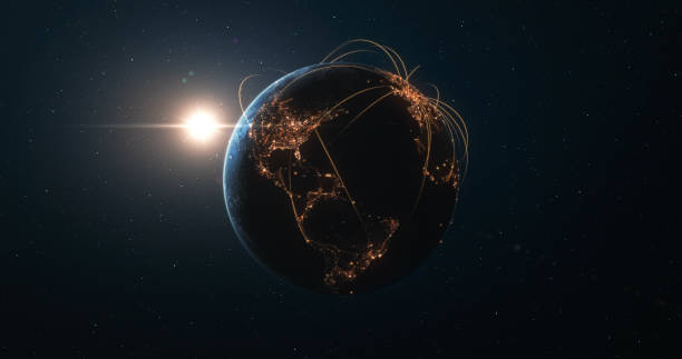 Earth And Sun Seen From Space With Glowing Connection Lines - Technology, Global Communications, Flight Routes, Big Data Beautiful shot of glowing connections spreading over the continents of planet earth. Digitally generated image, perfectly usable for a wide range of topics related to technology, global business and communications, travelling or big data. news event photos stock pictures, royalty-free photos & images