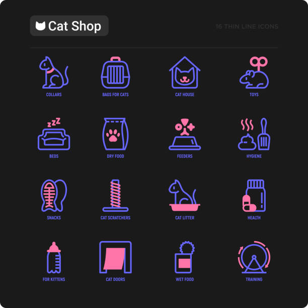 Cat shop thin line icons set: bags for transportation, hygiene, collars, doors, toys, feeders, scratchers, litter, snack, training. Modern vector illustration for black theme. Cat shop thin line icons set: bags for transportation, hygiene, collars, doors, toys, feeders, scratchers, litter, snack, training. Modern vector illustration for black theme. pet toy stock illustrations
