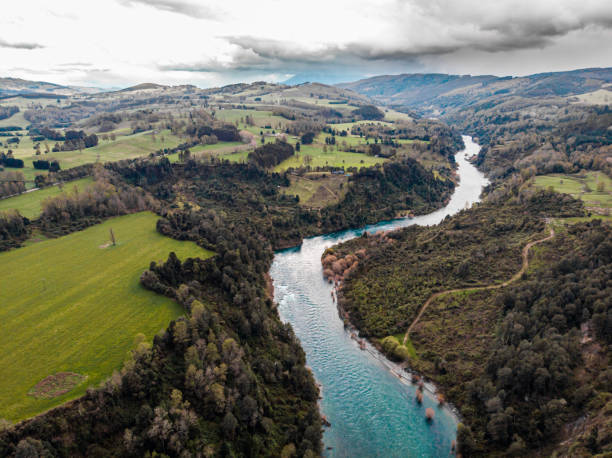 Aerial view of a river in southern Chile stock photo