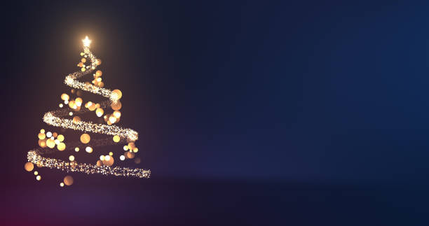 Beautiful Abstract Christmas Tree Made Of Bokeh And Glittering Particles - Elegant Blue Background, Copy Space stock photo