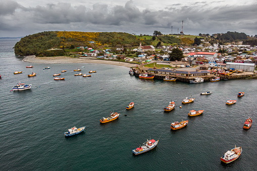 Fishing boats in Carelmapu in Los Lagos region, southern Chile
