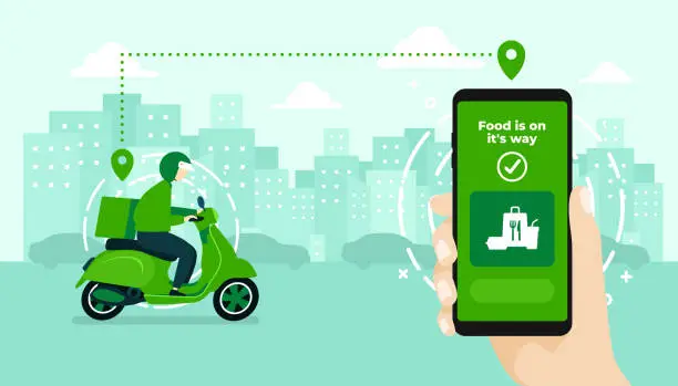Vector illustration of Food delivery service by scooter with courier. Hand holding mobile application tracking a delivery man on a moped. city skyline in the background.