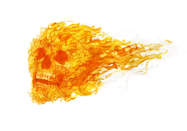 흰색에 불꽃에 꼬리와 화재 두개골 - inferno fire flame skull 뉴스 사진 이미지