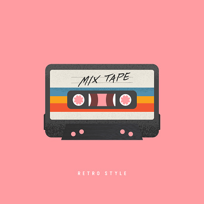 Cassette with retro label as vintage object for 80s revival mix tape.