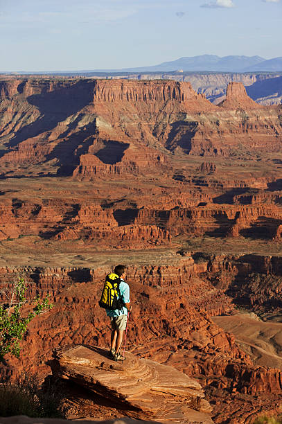 istock Male Backpacker Standing On Rock Looking At Canyons In Utah 118265666