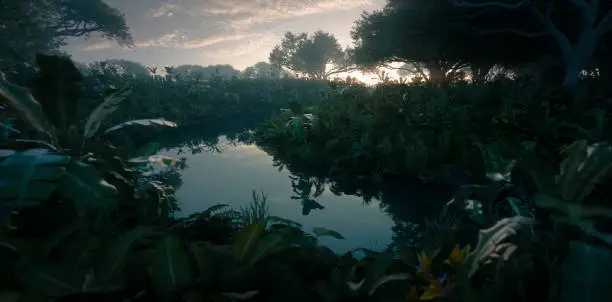 Photo of Beautiful sunset in jungle paradise. Dense rainforest vegetation and calm river. 3d rendering.