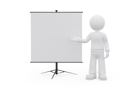 3d character showing something on whiteboard. Isolated on white background with soft shadows. XXXL 3D rendered image.