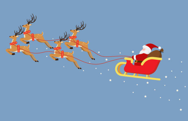ilustrações de stock, clip art, desenhos animados e ícones de cute cartoon santa claus flying on a sleigh with reindeers isolated on blue background - vector illustration - pai natal