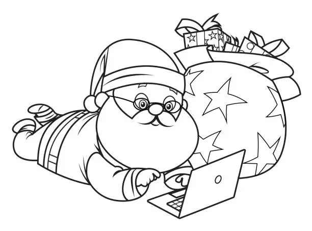 Vector illustration of Coloring Book, Santa Claus with a laptop