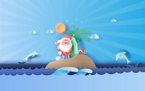 ilustrações, clipart, desenhos animados e ícones de sorriso de papai noel que desgasta a decoração da natação do curso do terno da praia da vista do seascape do console. animais selvagens de salto do golfinho no céu de mar bonito. fundo da estação do verão christmastime. corte de papel e estilo do o - beach sunlight surfboard santa claus