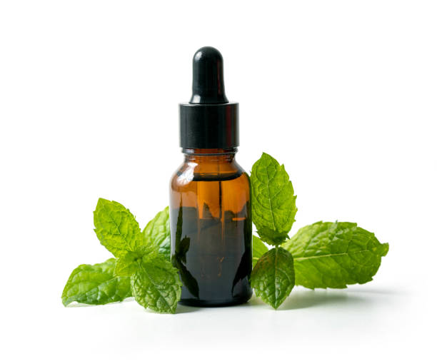 botella con aceite esencial de menta y hoja verde aislada sobre fondo blanco - mint leaf peppermint spearmint fotografías e imágenes de stock