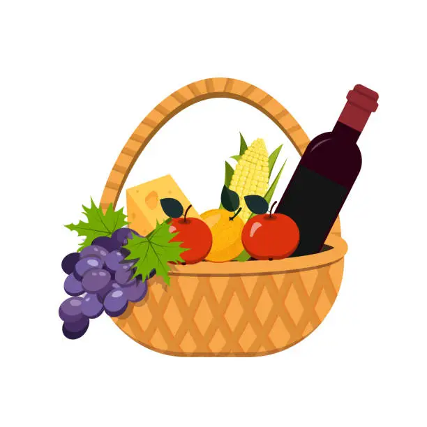 Vector illustration of Basket full of products. Vector graphics