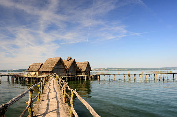 Over the Water of Pile Dwelling in Unteruhldingen Lake Constance  stilt house stock pictures, royalty-free photos & images