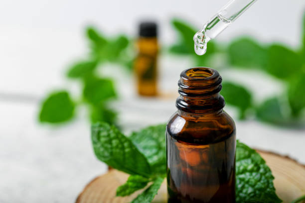 istock mint essential oil drop falling from dropper into the bottle 1182662576
