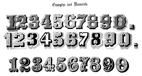 Antique original typescript font alphabet: Examples and numerals