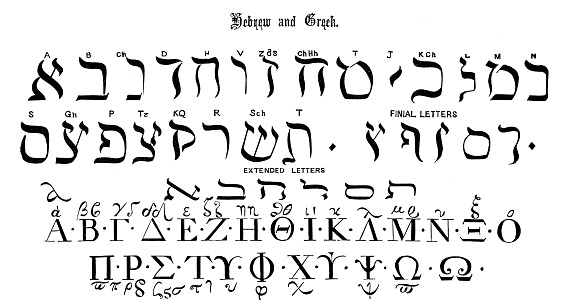 Antique original typescript font alphabet: Hebrew and Greek