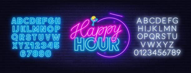 Happy hour neon sign on dark background. Happy hour neon sign on dark background. Template for design with fonts. Vector illustration. neon lighting illustrations stock illustrations