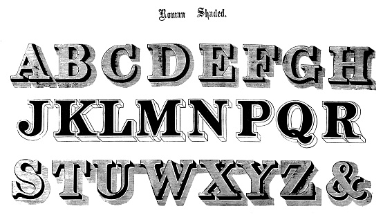 Antique original typescript font alphabet: Roman shaded