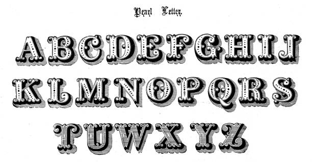앤티크 오리지널 타이프 스크립트 글꼴 알파벳: 펄 레터 - victorian style engraved image 19th century style image created 19th century stock illustrations