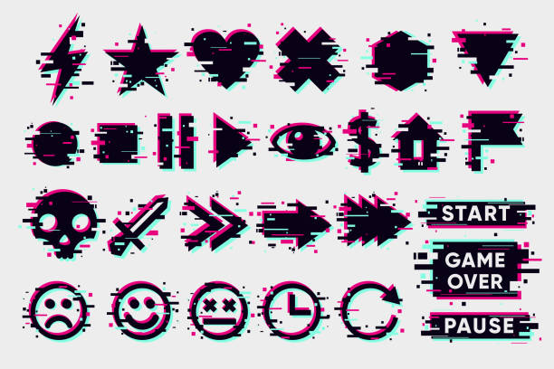 ilustrações, clipart, desenhos animados e ícones de ícones do glitch ajustados. elementos de navegação de interface com efeito glitchy. o vetor assina a coleção. - glitchy