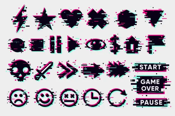 Vector illustration of Glitch icons set. Interface navigation elements with glitchy effect. Vector signs collection.