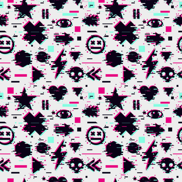 Glitch seamless pattern with video games element. Gamer vector background. Futuristic texture with glitchy effect. vector art illustration