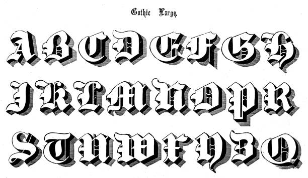 ilustrações de stock, clip art, desenhos animados e ícones de antique original typescript font alphabet: gothic large - gothic style letterpress alphabet typescript