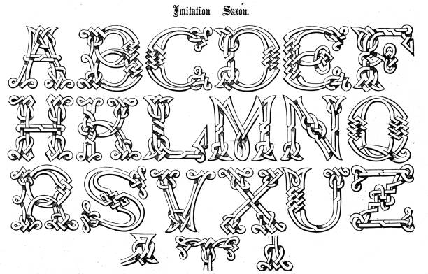 Antique original typescript font alphabet: Imitation Saxon Antique original typescript font alphabet: Imitation Saxon typescript print letterpress block stock illustrations