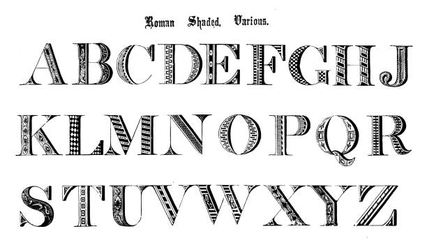 Antique original typescript font alphabet: Roman Shaded, Various Antique original typescript font alphabet: Roman Shaded, Various Letterpress stock illustrations