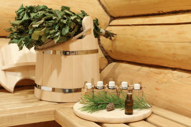 istock Bottles with healing essential oil for sauna. 1182669194