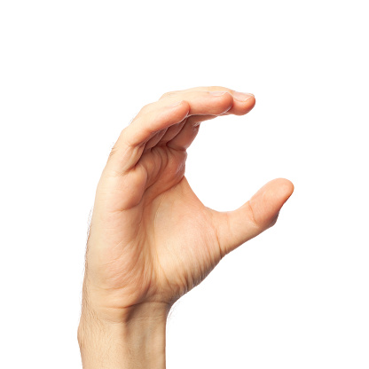 Finger spelling letter C in ASL on white background. American Sign Language concept