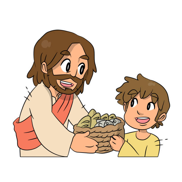 eine schöne karikatur eines jungen, der jesus brot und fisch gibt. - miracle food stock-grafiken, -clipart, -cartoons und -symbole