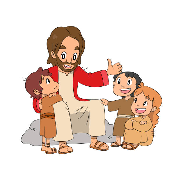 ilustraciones, imágenes clip art, dibujos animados e iconos de stock de una hermosa caricatura de jesús hablando con los niños. - christ child