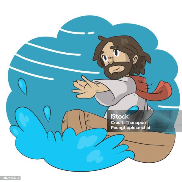 Ilustración De Una Preciosa Caricatura De Jesús En Un Barco Que Calma Ilustración De Una Preciosa Caricatura De Jesús En Un Barco Que Calma