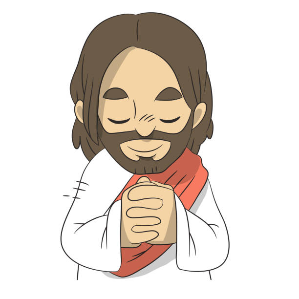 A lovely cartoon of Jesus closing his eyes and praying. A lovely vector cartoon of Jesus closing his eyes and praying with happiness in a white robe. Christain illustration. smile jesus loves you drawing stock illustrations