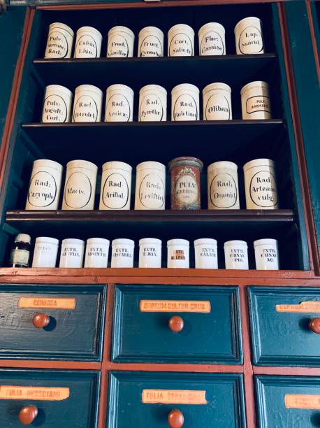 istock Old pharmacist cabinet close up 1182673089