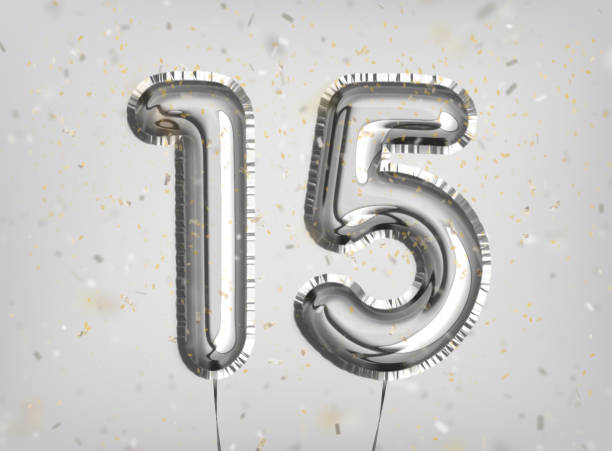 15 years anniversary. Happy birthday joy celebration. 15 years anniversary. Happy birthday joy celebration.Silver balloons & confetti for greeting card, banner, birthday invitation, celebrate anniversary. 15 Years Silver Foil Balloon anniversary logotype number 15 stock pictures, royalty-free photos & images