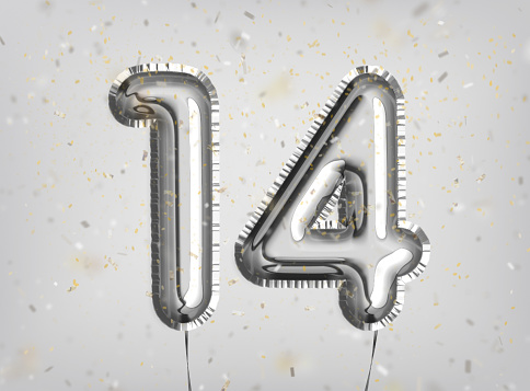 14 years anniversary. Happy birthday joy celebration.Silver balloons & confetti for greeting card, banner, birthday invitation, celebrate anniversary. 14 Years Silver Foil Balloon anniversary logotype